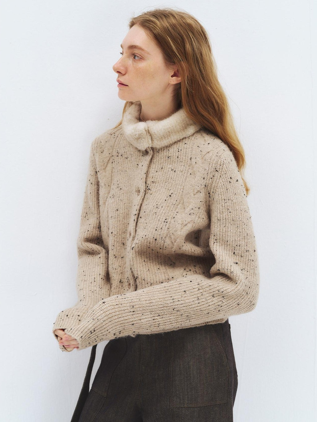 someonesometimes Soft Acrylic Stand Collar Button Front Longsleeve Women Knit Cream Cardigans