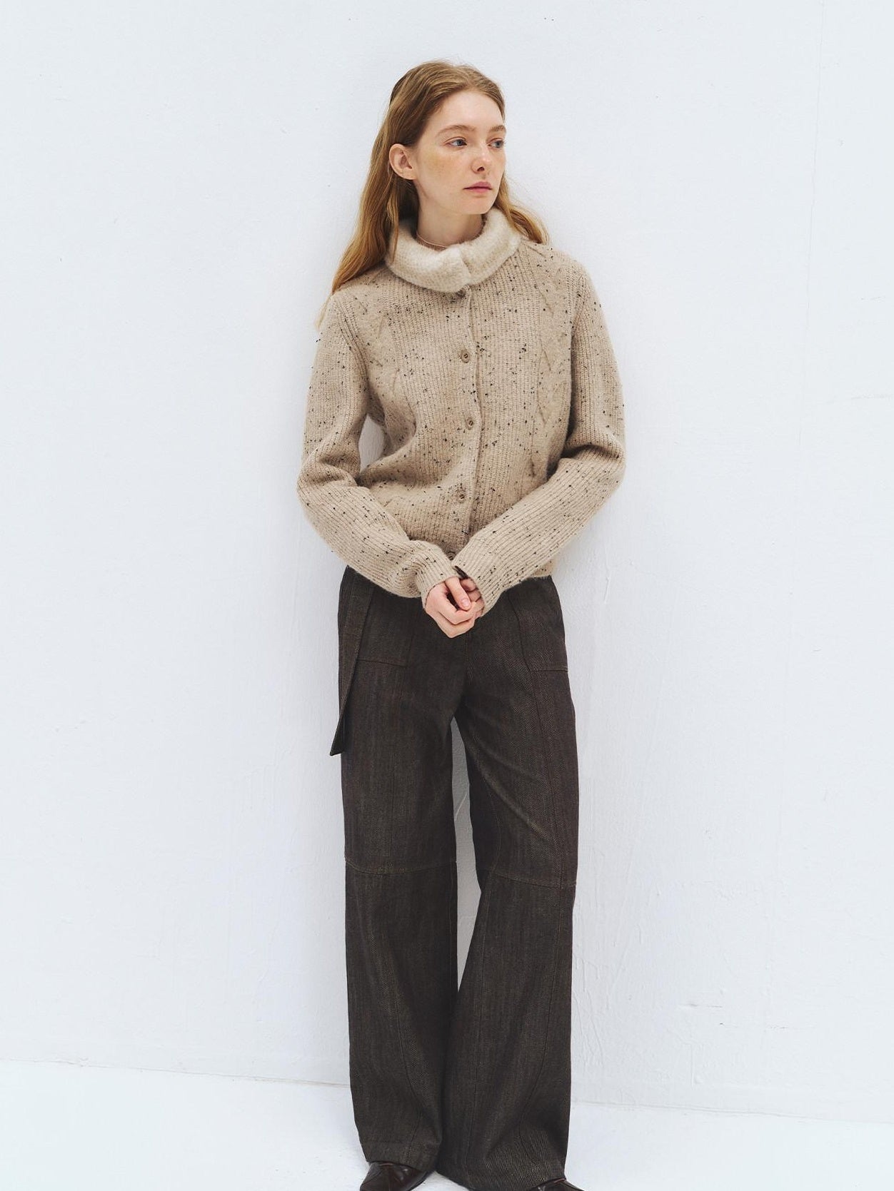 someonesometimes Soft Acrylic Stand Collar Button Front Longsleeve Women Knit Cream Cardigans