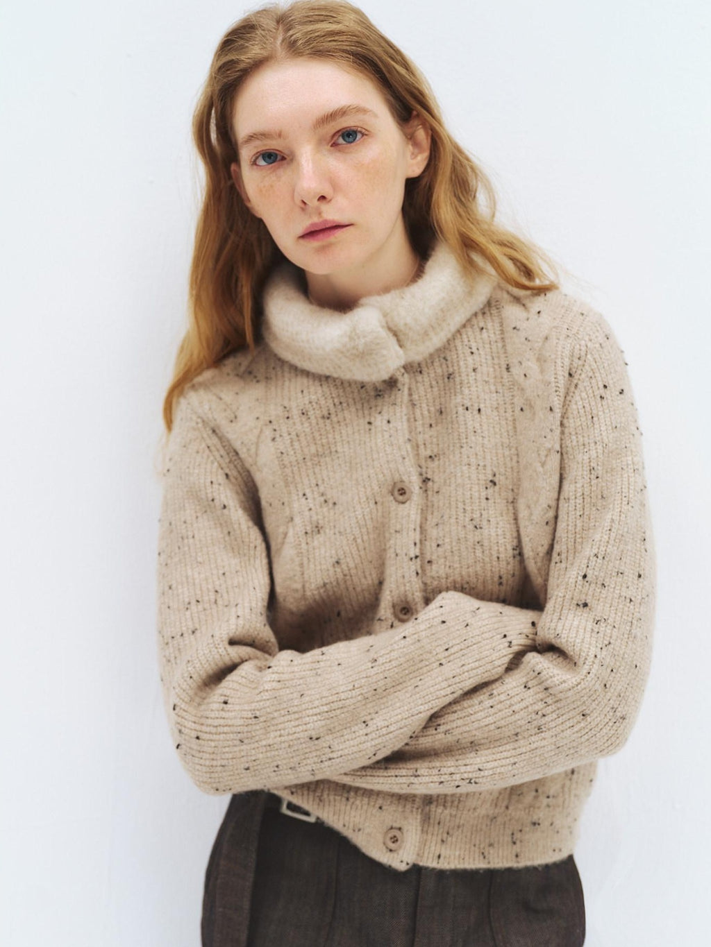 someonesometimes Soft Acrylic Stand Collar Button Front Longsleeve Women Knit Cream Cardigans