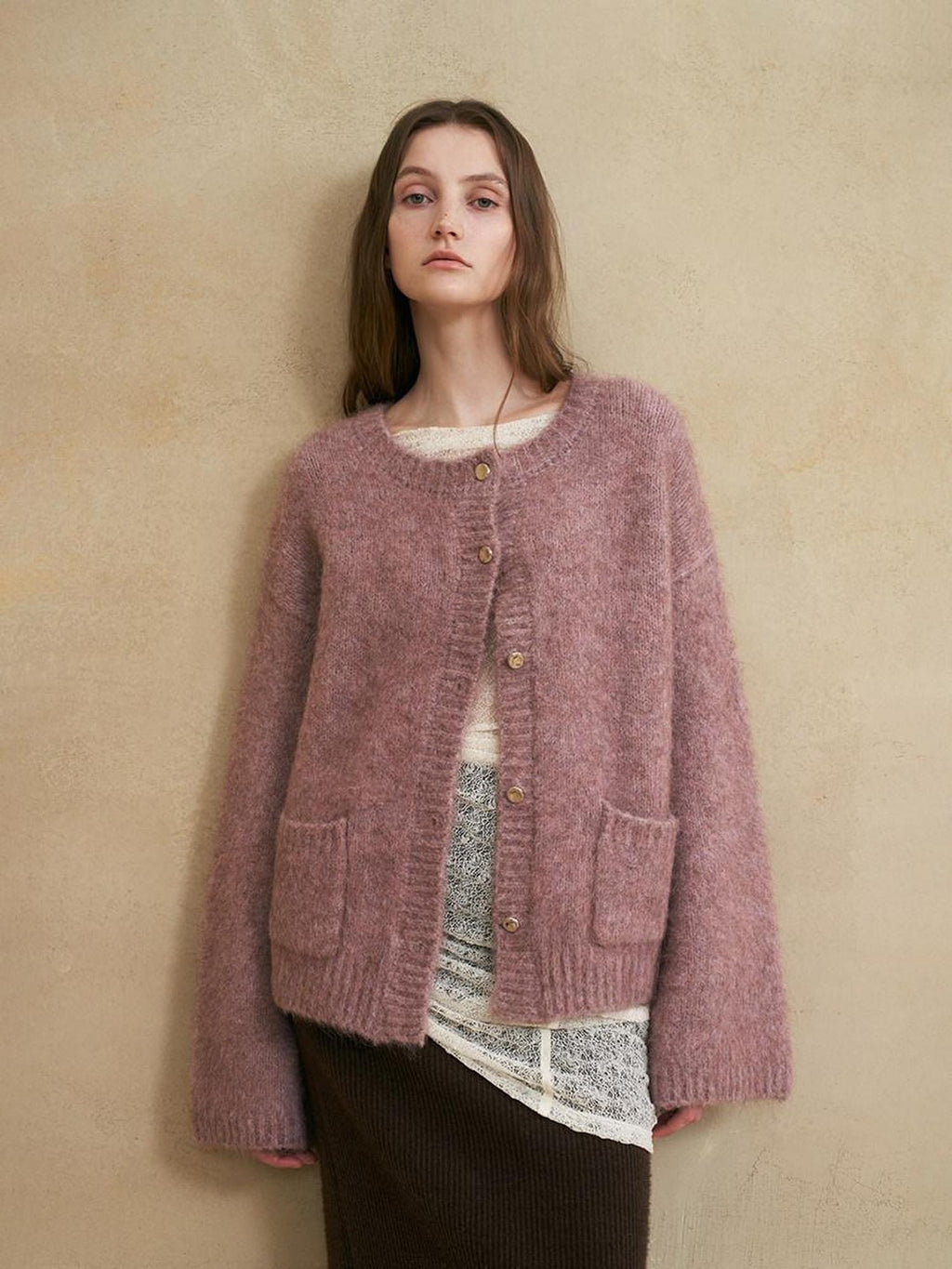someonesometimes Soft Alpaca Blend Relaxed Fit Commuter Round Neck Open Front Cardigans