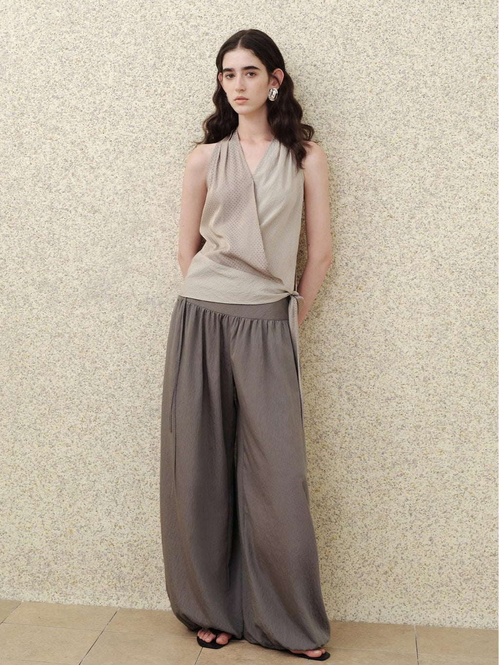 someonesometimes Soft Modal Lantern Natural Waist Button Fly Women Smoke Gray Wide Leg Pants