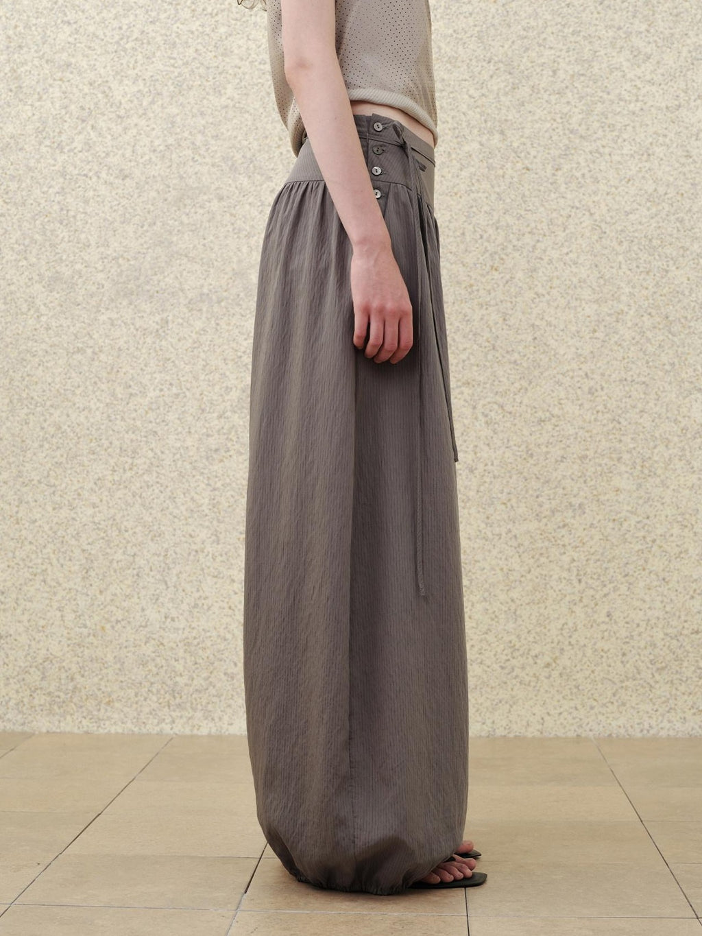 someonesometimes Soft Modal Lantern Natural Waist Button Fly Women Smoke Gray Wide Leg Pants