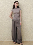 someonesometimes Soft Modal Lantern Natural Waist Button Fly Women Smoke Gray Wide Leg Pants
