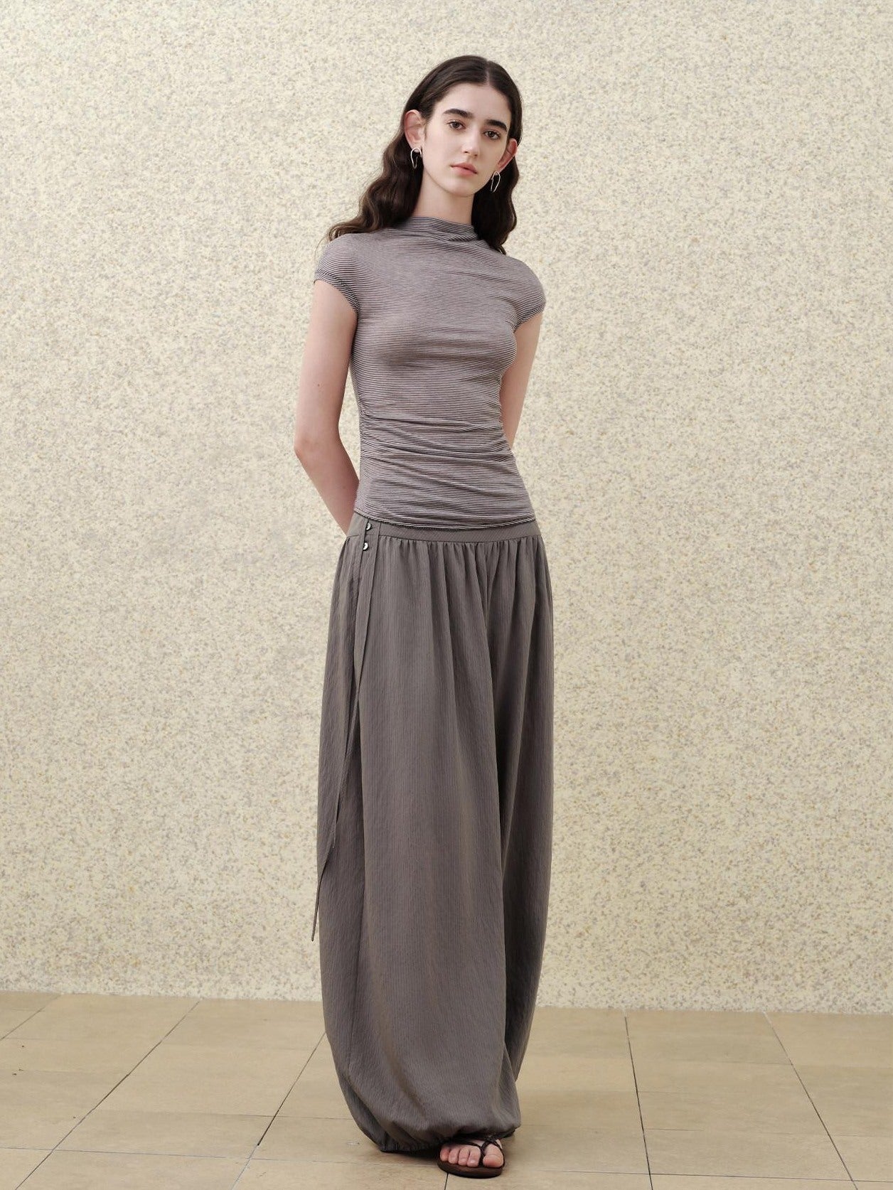 someonesometimes Soft Modal Lantern Natural Waist Button Fly Women Smoke Gray Wide Leg Pants