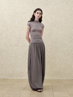someonesometimes Soft Modal Lantern Natural Waist Button Fly Women Smoke Gray Wide Leg Pants