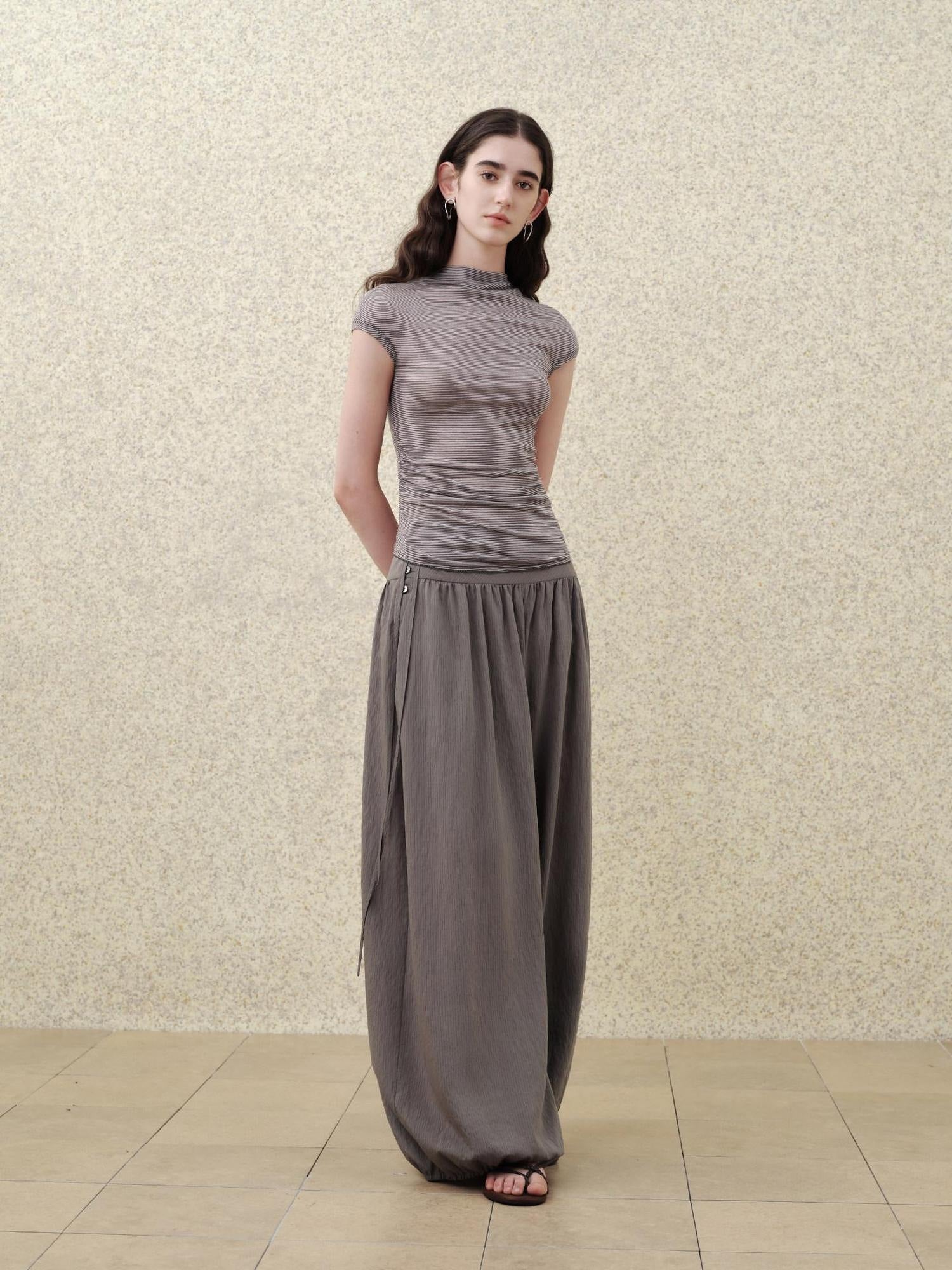 someonesometimes Soft Modal Lantern Natural Waist Button Fly Women Smoke Gray Wide Leg Pants