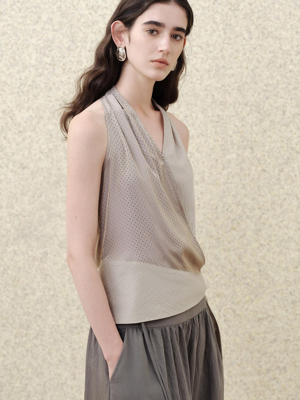 someonesometimes Soft Modal V-neck Slim Side Tie Polka Dot Women Slate Gray Tank Tops