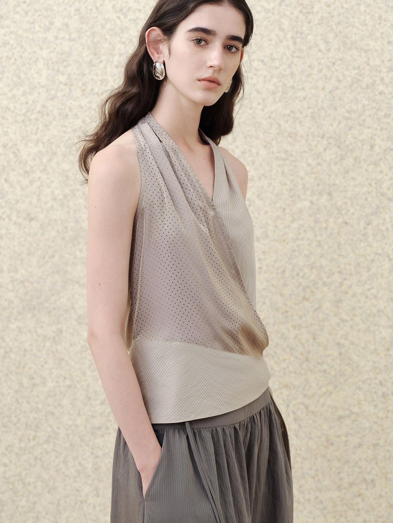 someonesometimes Soft Modal V-neck Slim Side Tie Polka Dot Women Slate Gray Tank Tops