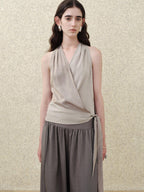 someonesometimes Soft Modal V-neck Slim Side Tie Polka Dot Women Slate Gray Tank Tops