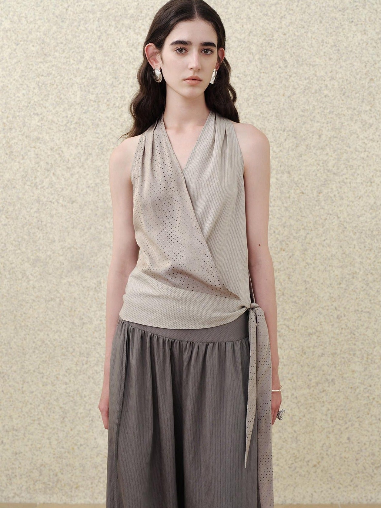someonesometimes Soft Modal V-neck Slim Side Tie Polka Dot Women Slate Gray Tank Tops