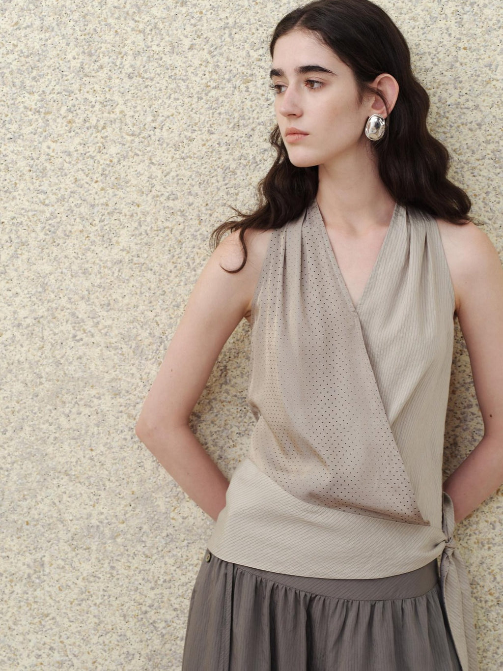 someonesometimes Soft Modal V-neck Slim Side Tie Polka Dot Women Slate Gray Tank Tops