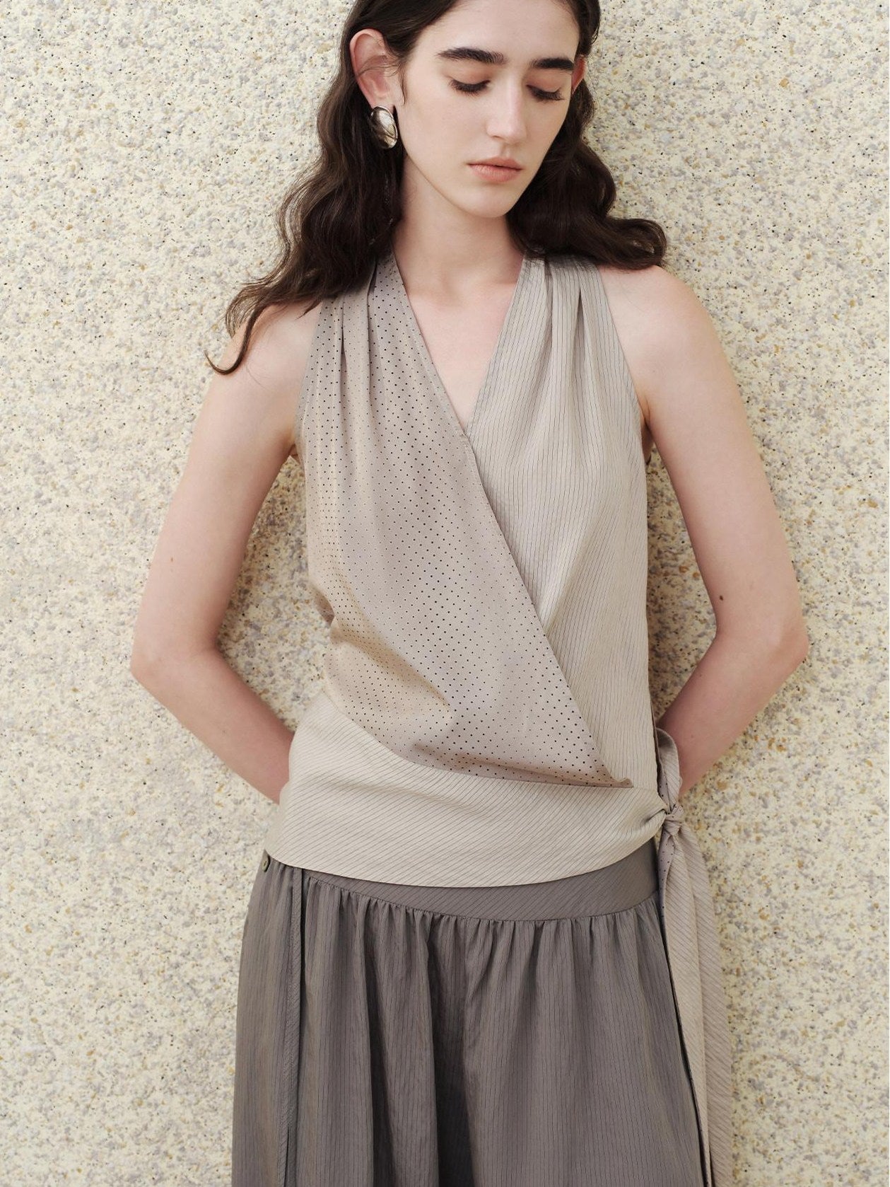 someonesometimes Soft Modal V-neck Slim Side Tie Polka Dot Women Slate Gray Tank Tops