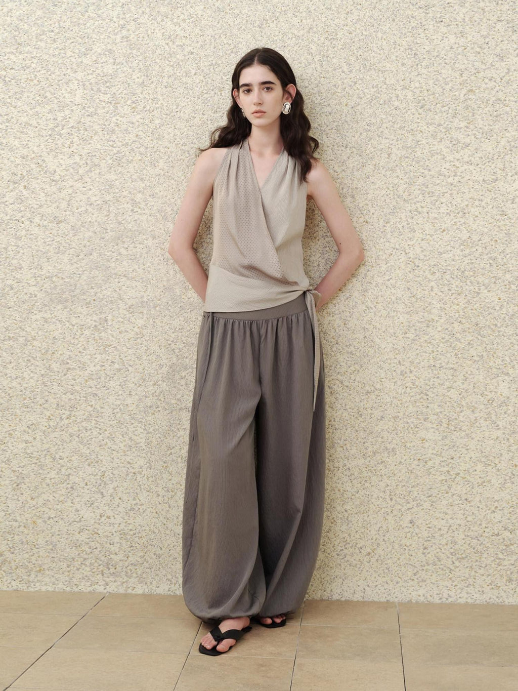 someonesometimes Soft Modal V-neck Slim Side Tie Polka Dot Women Slate Gray Tank Tops