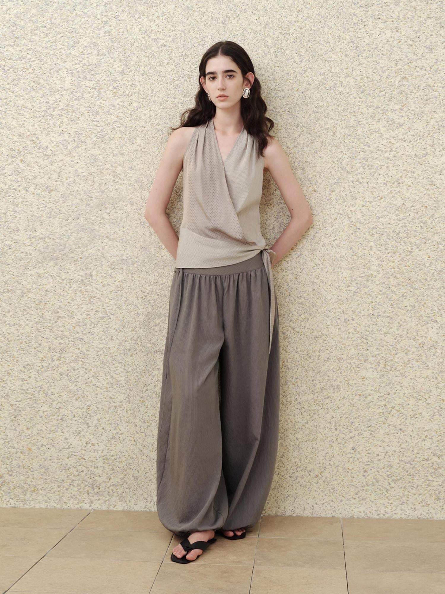 someonesometimes Soft Modal V-neck Slim Side Tie Polka Dot Women Slate Gray Tank Tops