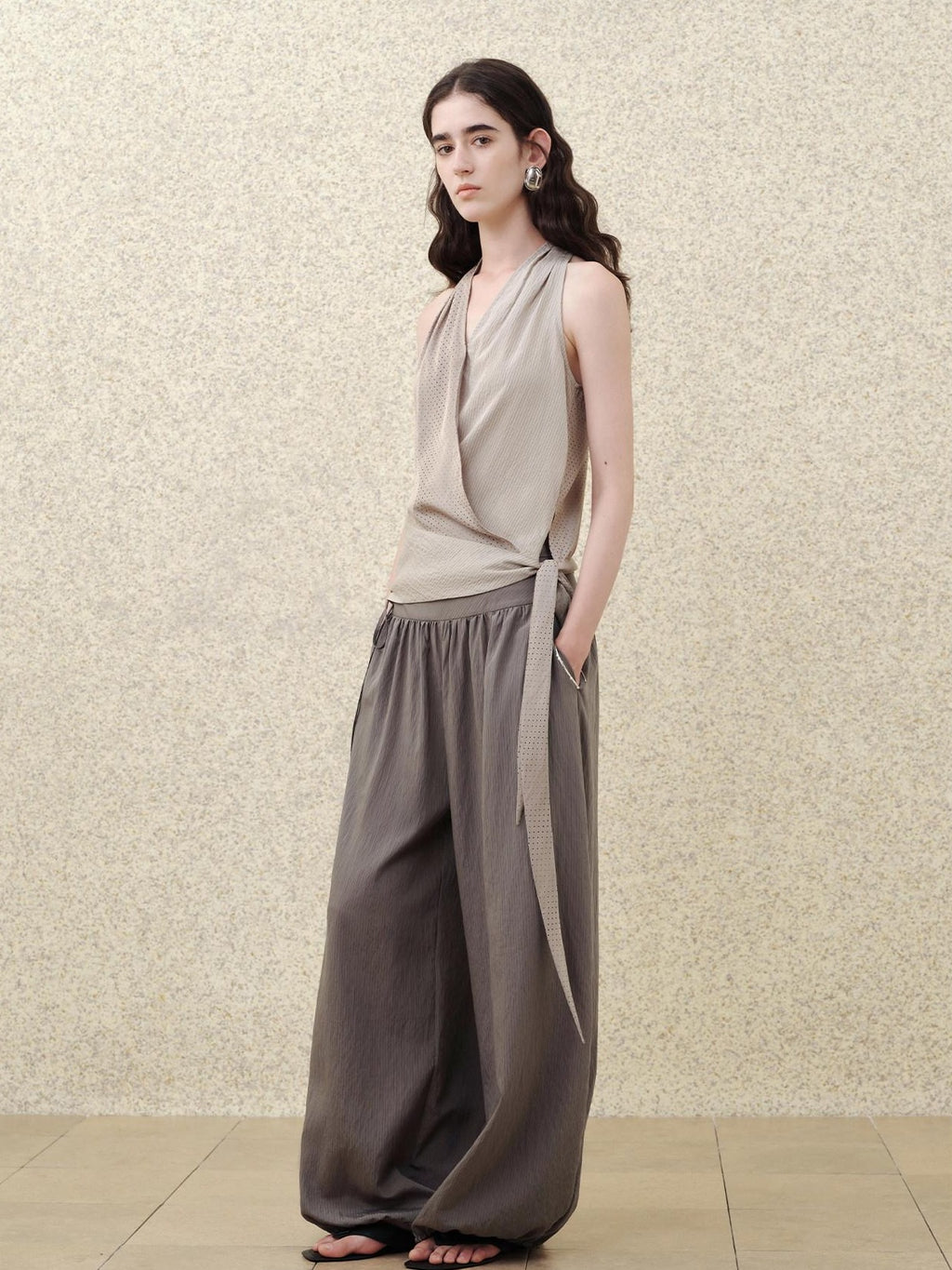 someonesometimes Soft Modal V-neck Slim Side Tie Polka Dot Women Slate Gray Tank Tops