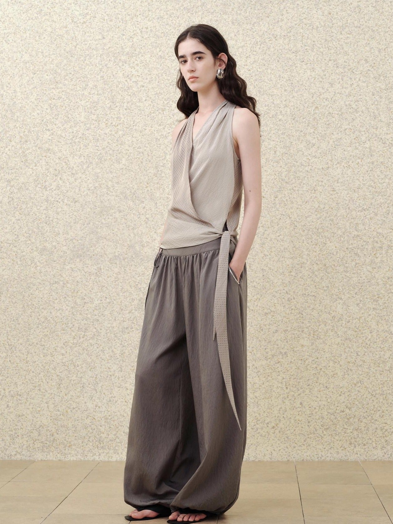 someonesometimes Soft Modal V-neck Slim Side Tie Polka Dot Women Slate Gray Tank Tops