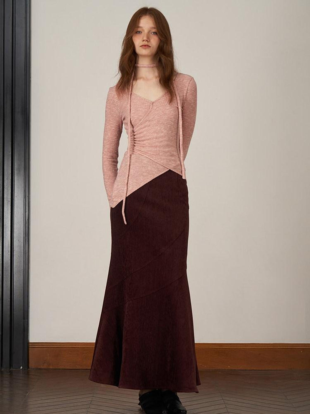 someonesometimes Soft V-neck Viscose Pullover Three Quarter Sleeve Office Women Dusty Pink Top