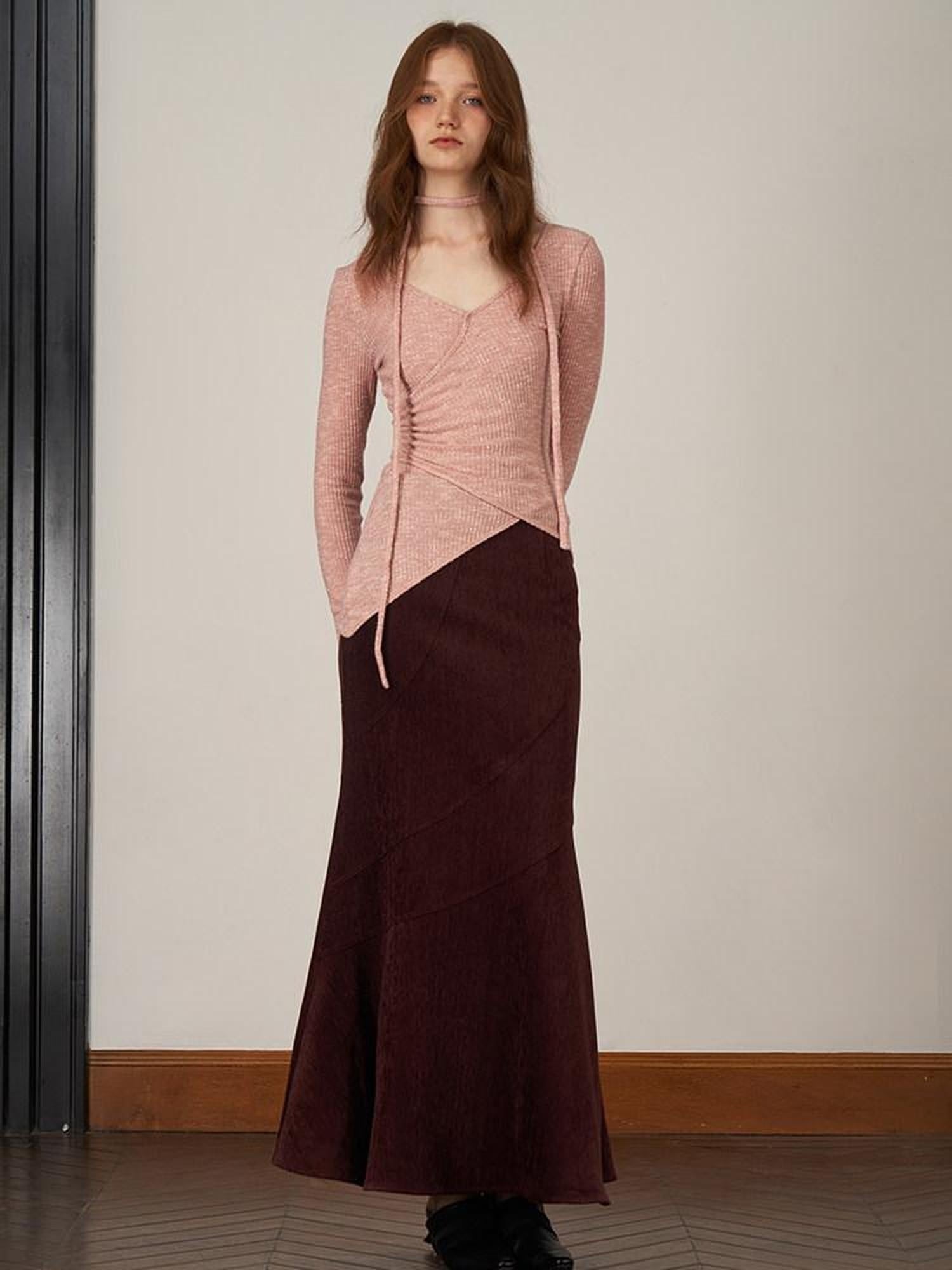 someonesometimes Soft V-neck Viscose Pullover Three Quarter Sleeve Office Women Dusty Pink Top