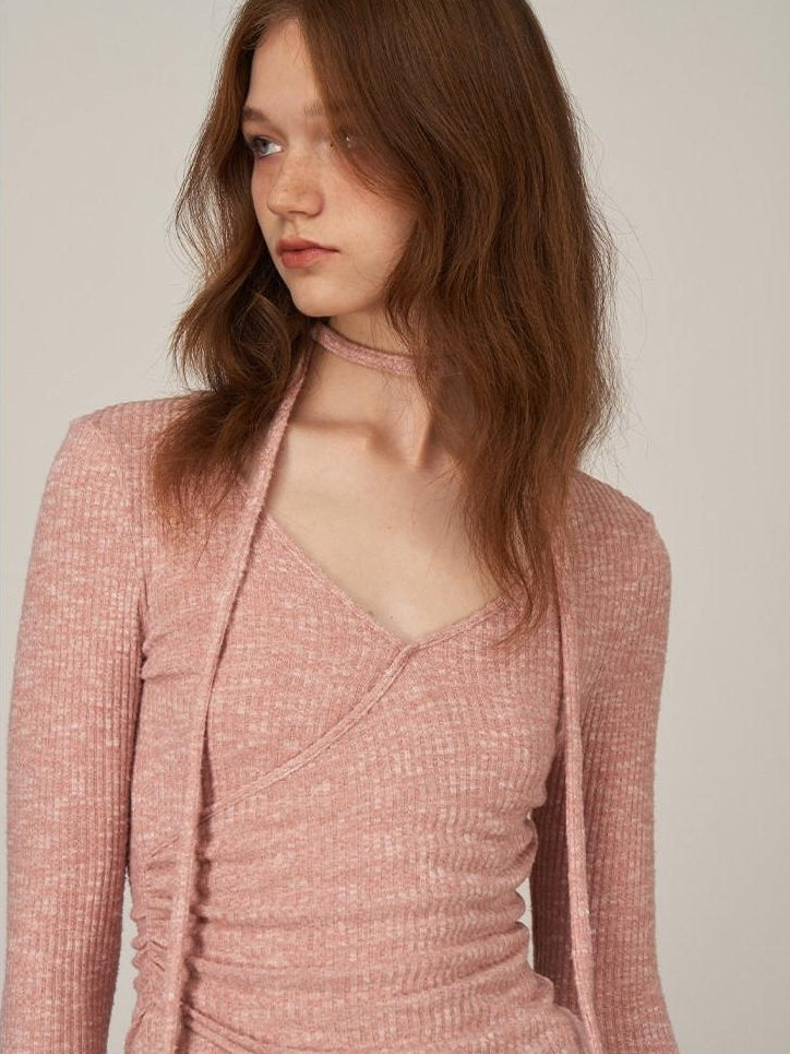 someonesometimes Soft V-neck Viscose Pullover Three Quarter Sleeve Office Women Dusty Pink Top