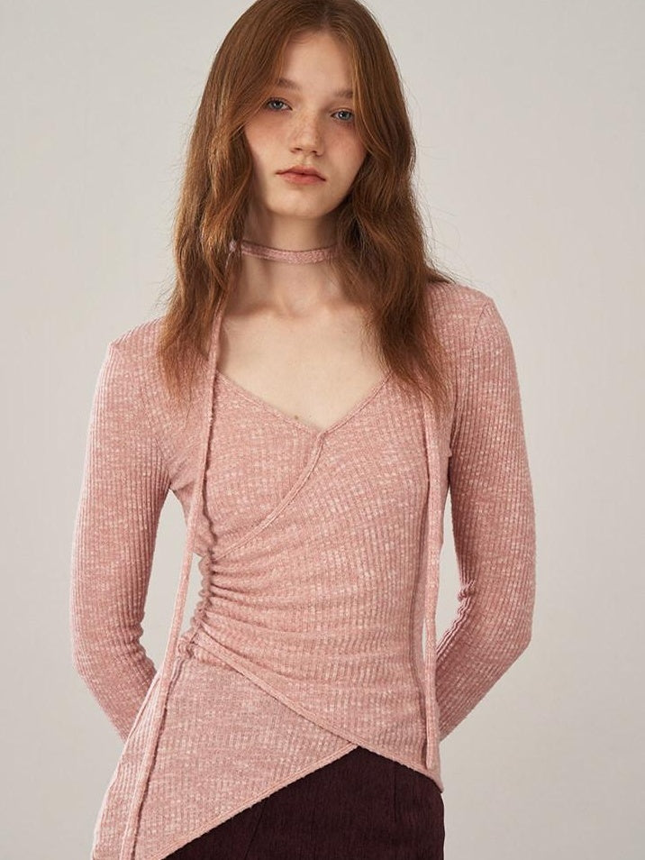 someonesometimes Soft V-neck Viscose Pullover Three Quarter Sleeve Office Women Dusty Pink Top