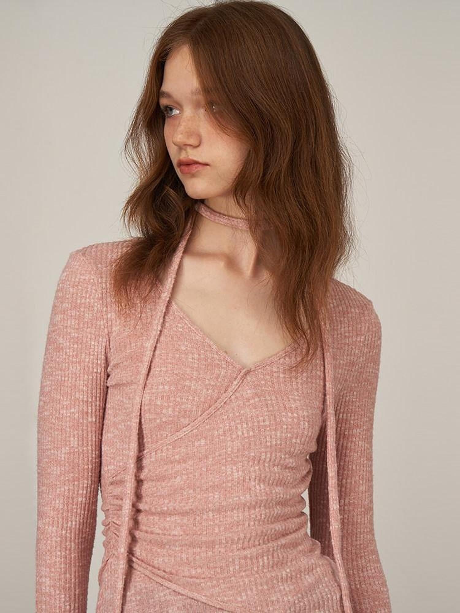 someonesometimes Soft V-neck Viscose Pullover Three Quarter Sleeve Office Women Dusty Pink Top