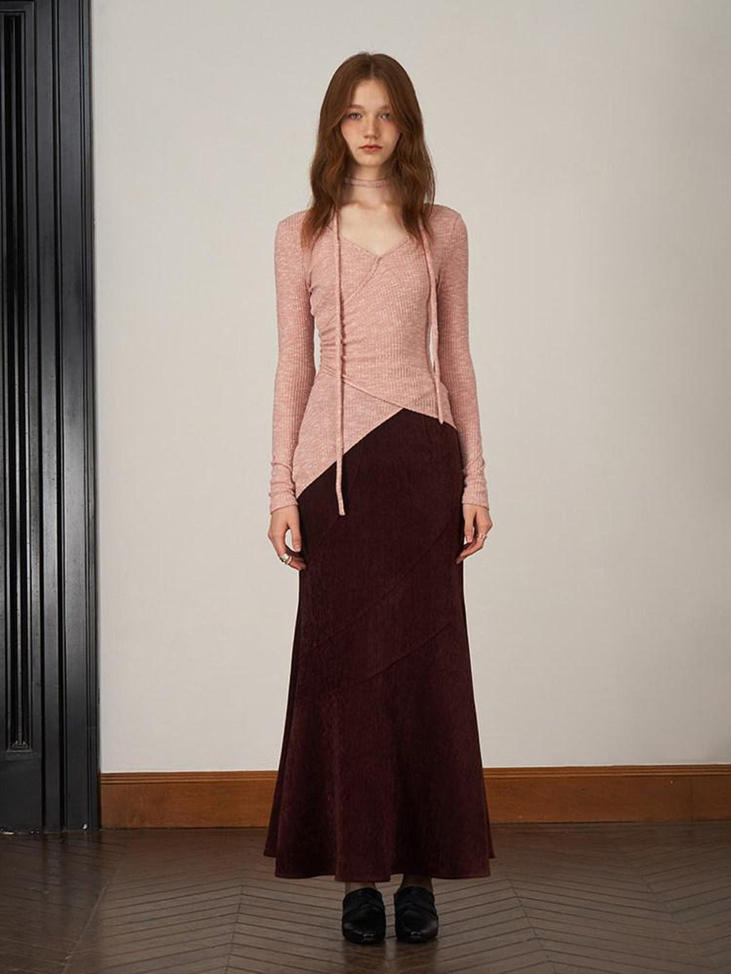 someonesometimes Soft V-neck Viscose Pullover Three Quarter Sleeve Office Women Dusty Pink Top