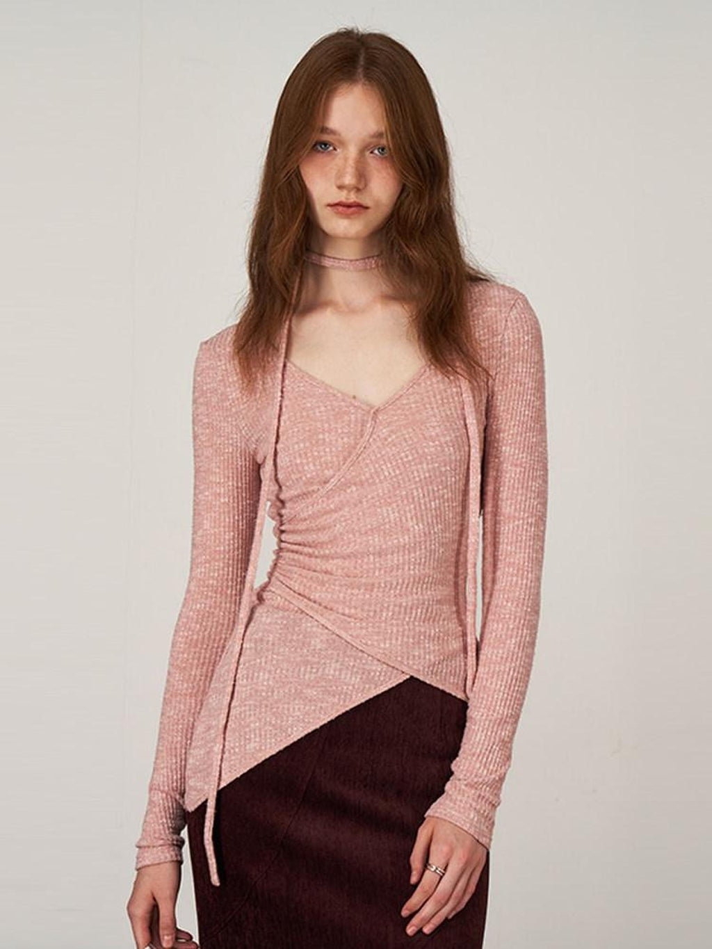 someonesometimes Soft V-neck Viscose Pullover Three Quarter Sleeve Office Women Dusty Pink Top