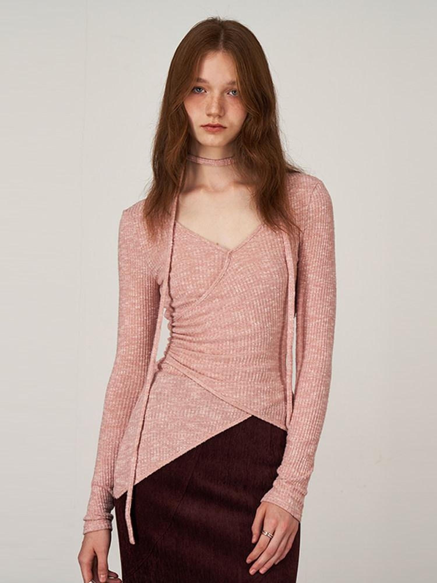 someonesometimes Soft V-neck Viscose Pullover Three Quarter Sleeve Office Women Dusty Pink Top