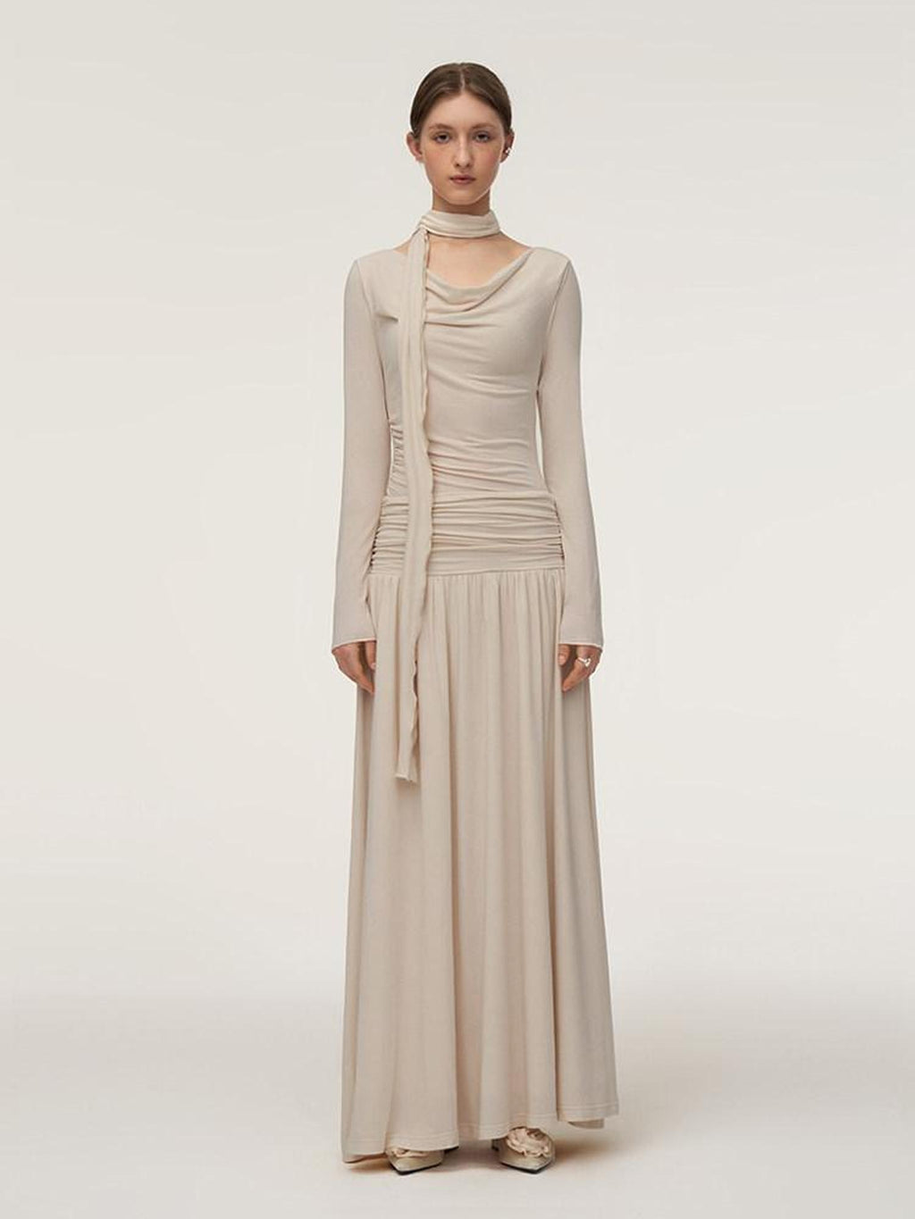 someonesometimes Soft Viscose Stretch Cowl Neck Tea Dress Office Women Cream Knit Dress