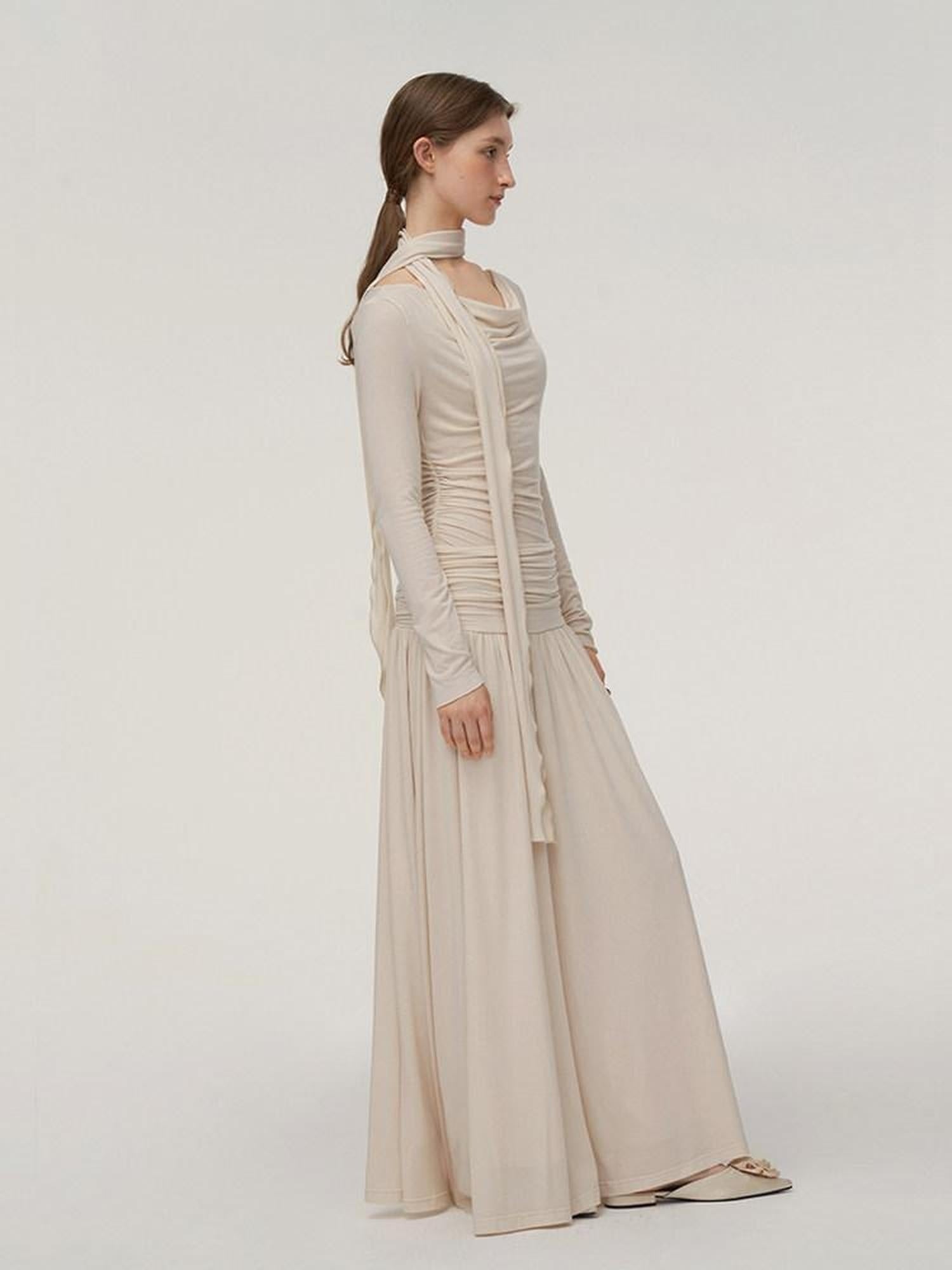 someonesometimes Soft Viscose Stretch Cowl Neck Tea Dress Office Women Cream Knit Dress