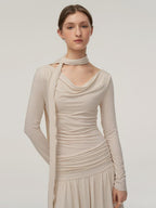 someonesometimes Soft Viscose Stretch Cowl Neck Tea Dress Office Women Cream Knit Dress