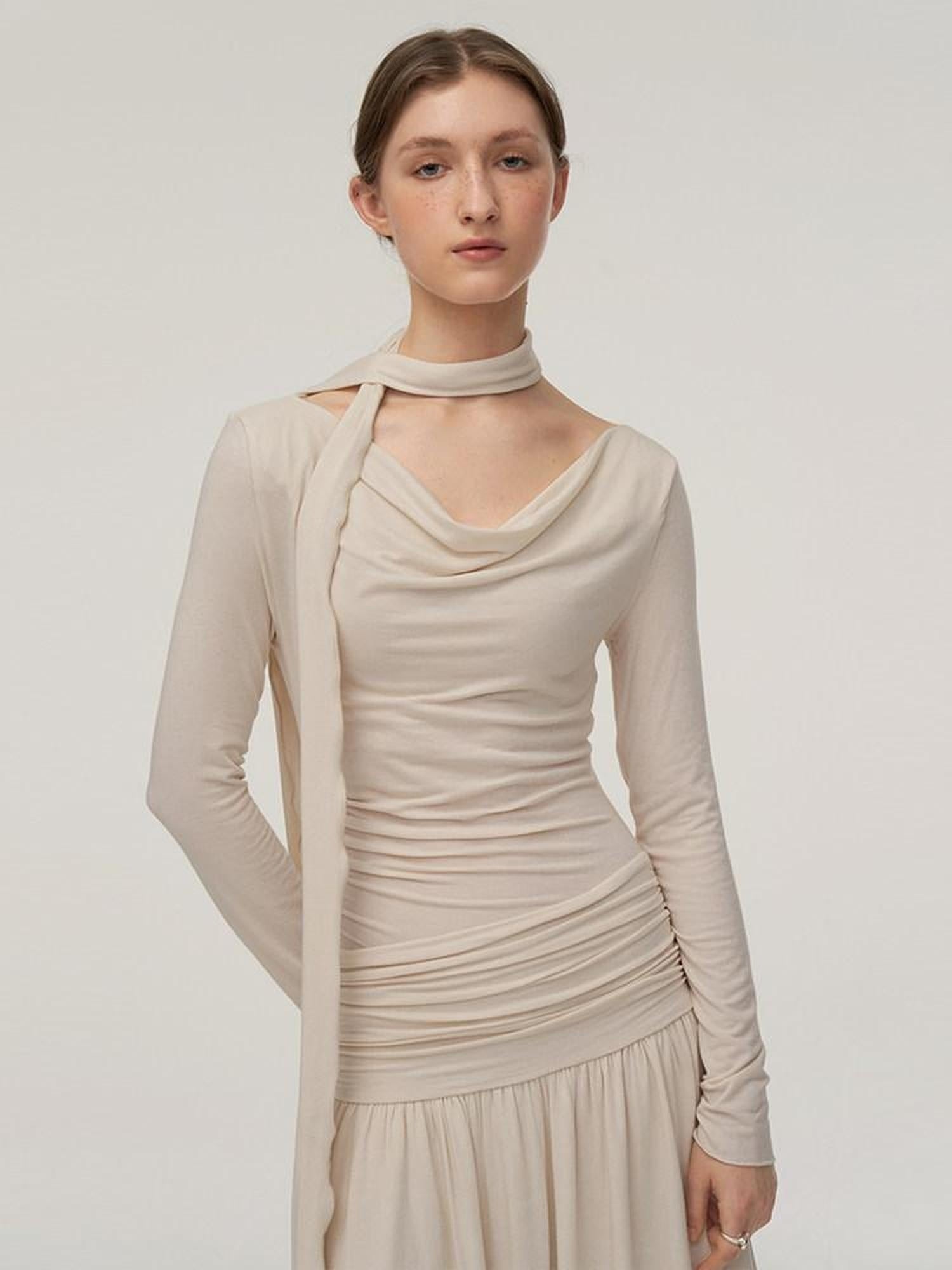 someonesometimes Soft Viscose Stretch Cowl Neck Tea Dress Office Women Cream Knit Dress