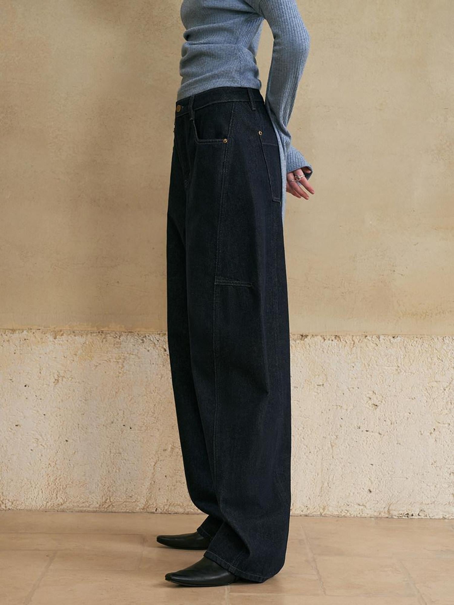 someonesometimes Soft Washed Casual Loose Banana Natural Waist Blue Denim Zip Fly Wide Leg Jeans