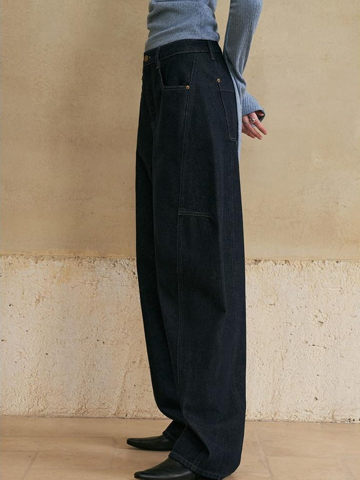 someonesometimes Soft Washed Casual Loose Banana Natural Waist Blue Denim Zip Fly Wide Leg Jeans