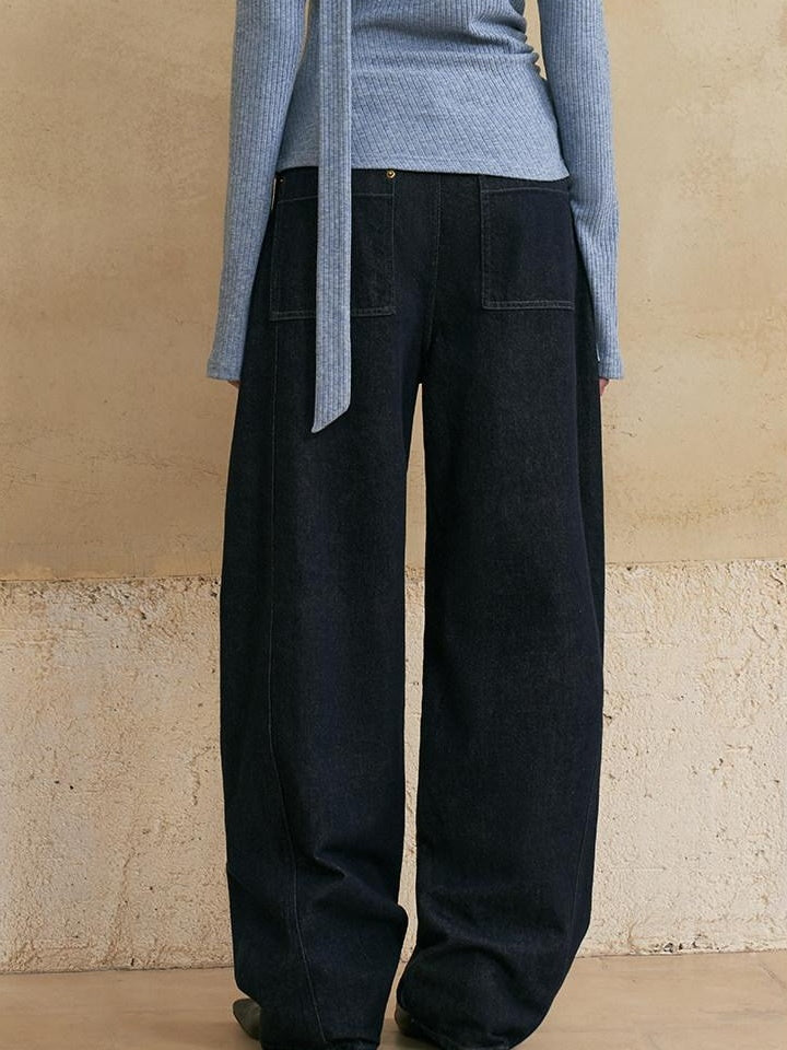 someonesometimes Soft Washed Casual Loose Banana Natural Waist Blue Denim Zip Fly Wide Leg Jeans