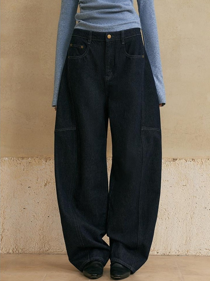 someonesometimes Soft Washed Casual Loose Banana Natural Waist Blue Denim Zip Fly Wide Leg Jeans