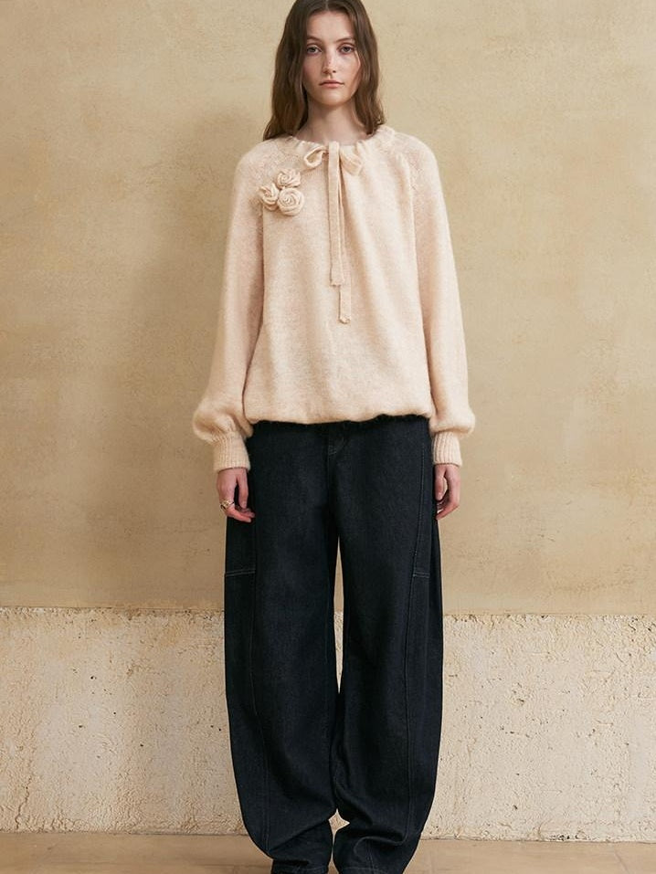 someonesometimes Soft Washed Casual Loose Banana Natural Waist Blue Denim Zip Fly Wide Leg Jeans