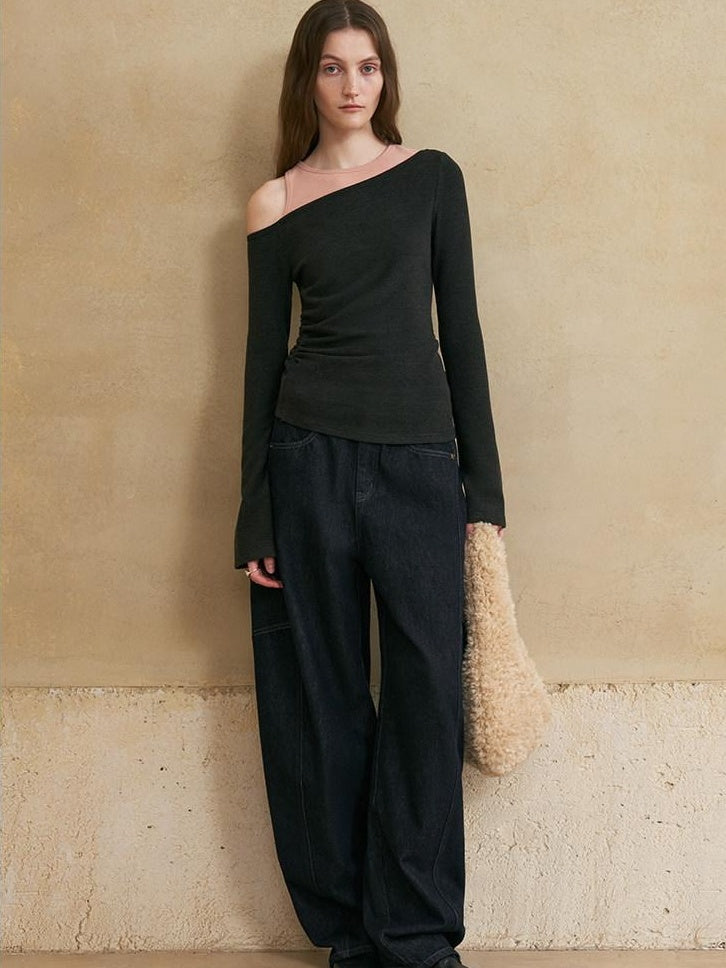 someonesometimes Soft Washed Casual Loose Banana Natural Waist Blue Denim Zip Fly Wide Leg Jeans