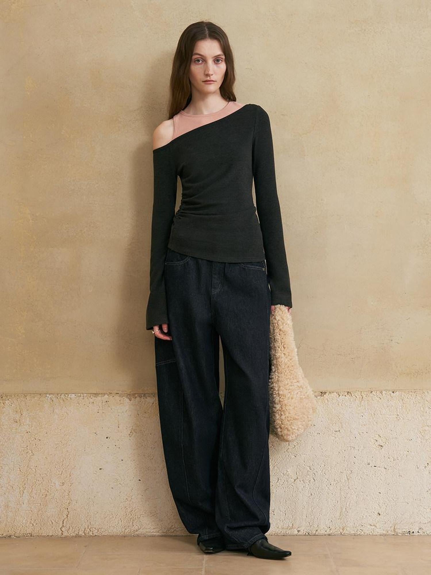 someonesometimes Soft Washed Casual Loose Banana Natural Waist Blue Denim Zip Fly Wide Leg Jeans