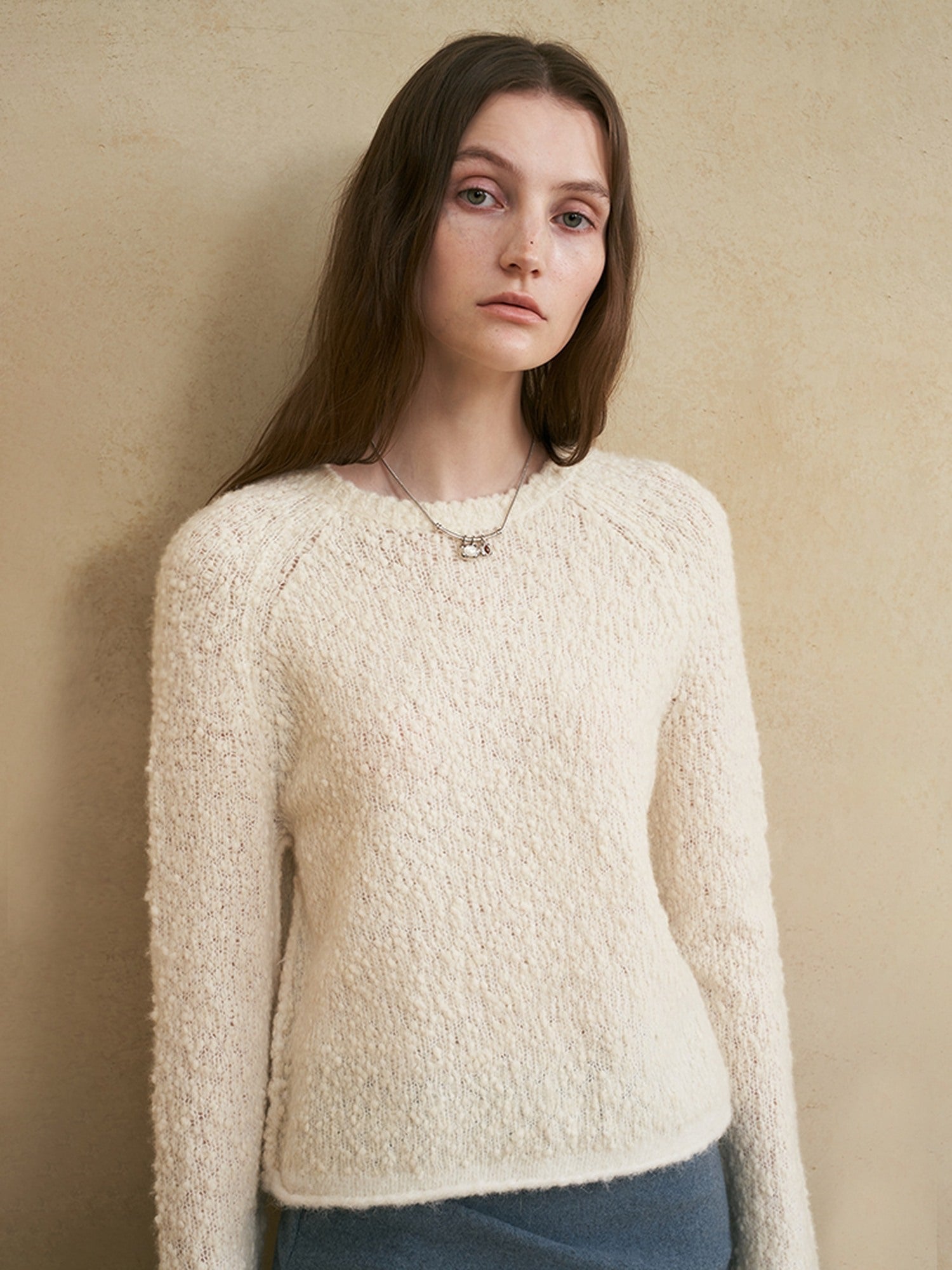 someonesometimes Soft Wool Blend Pearl White Bell Sleeve Loose Fit Office Pullover Sweater