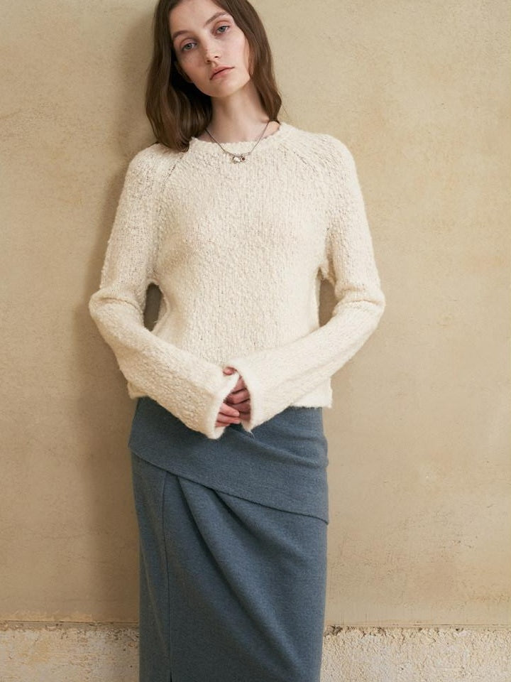 someonesometimes Soft Wool Blend Pearl White Bell Sleeve Loose Fit Office Pullover Sweater