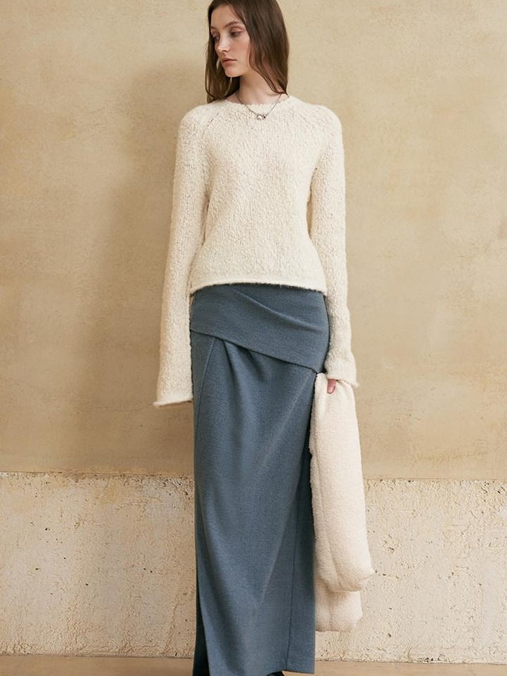 someonesometimes Soft Wool Blend Pearl White Bell Sleeve Loose Fit Office Pullover Sweater