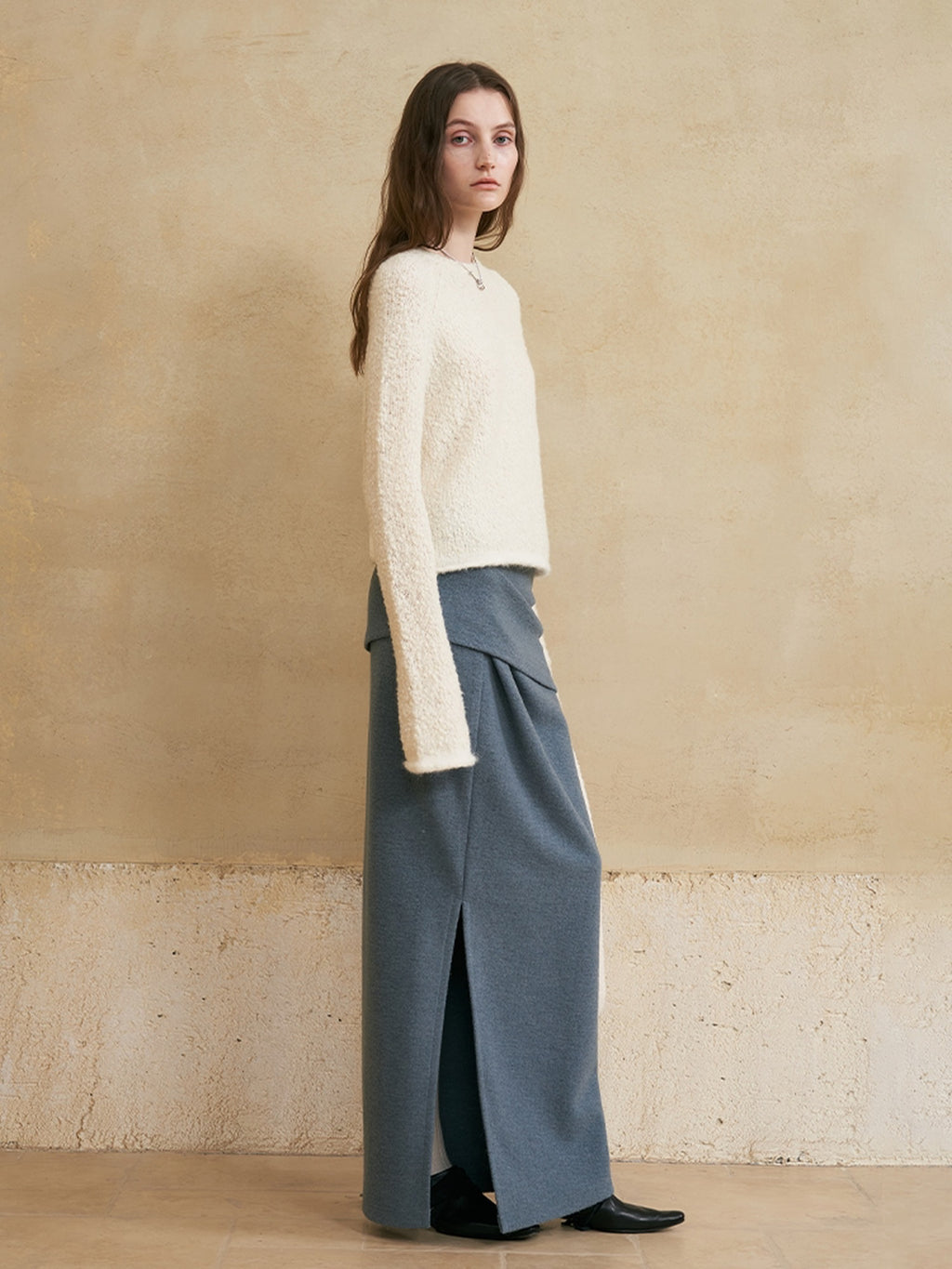 someonesometimes Soft Wool Blend Pearl White Bell Sleeve Loose Fit Office Pullover Sweater