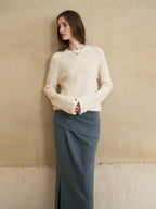 someonesometimes Soft Wool Blend Pearl White Bell Sleeve Loose Fit Office Pullover Sweater