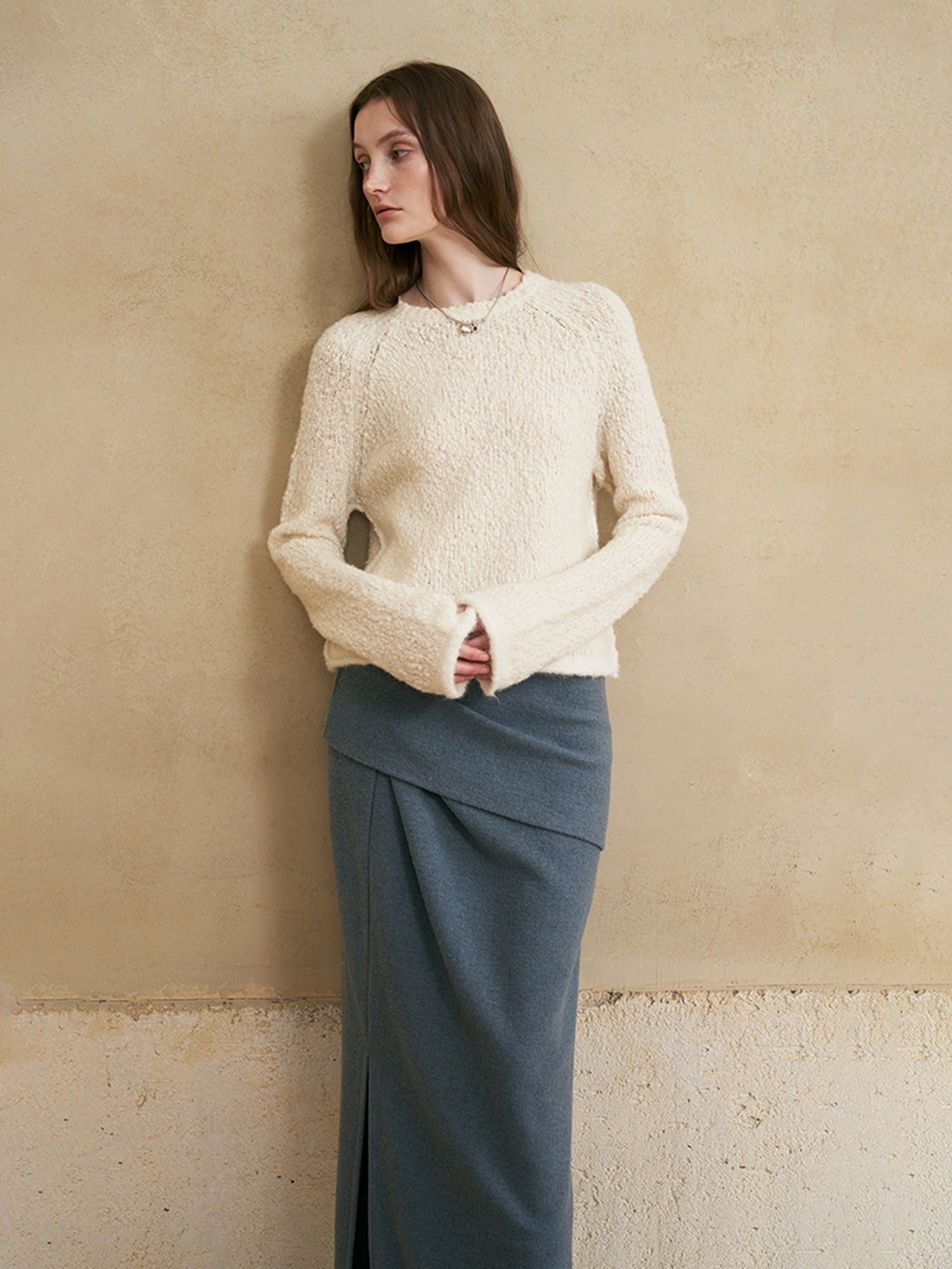 someonesometimes Soft Wool Blend Pearl White Bell Sleeve Loose Fit Office Pullover Sweater
