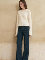 someonesometimes Soft Wool Blend Pearl White Bell Sleeve Loose Fit Office Pullover Sweater