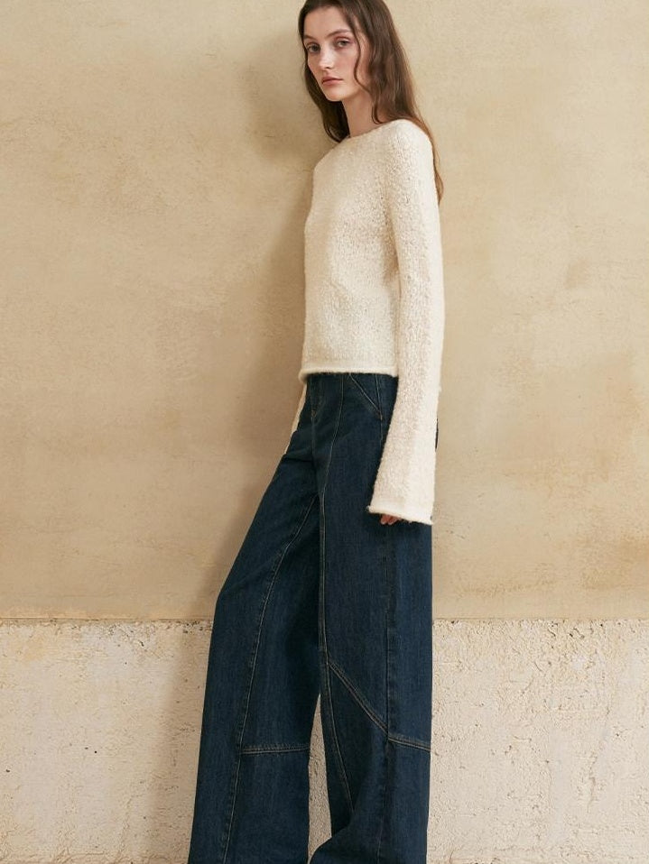 someonesometimes Soft Wool Blend Pearl White Bell Sleeve Loose Fit Office Pullover Sweater