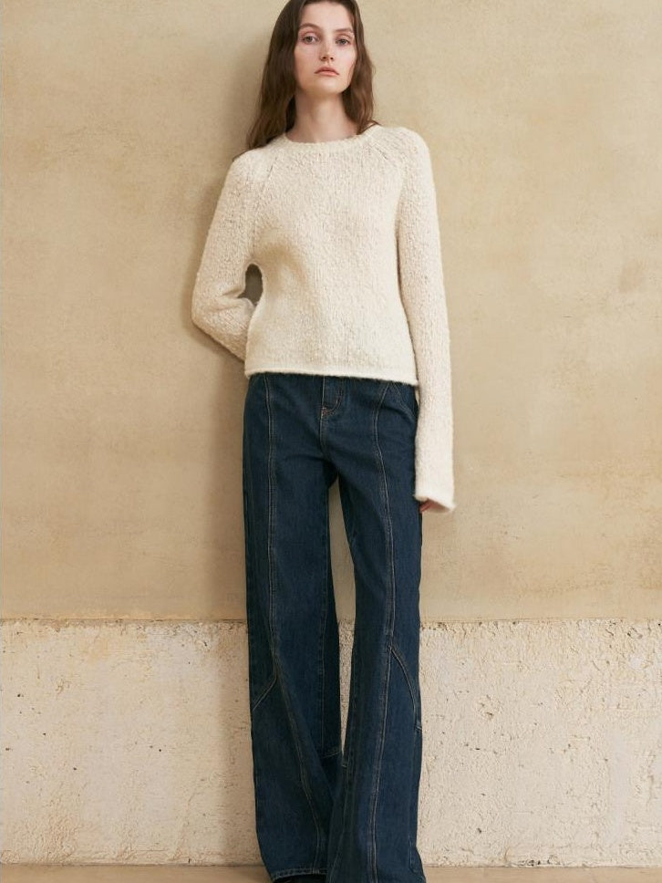 someonesometimes Soft Wool Blend Pearl White Bell Sleeve Loose Fit Office Pullover Sweater