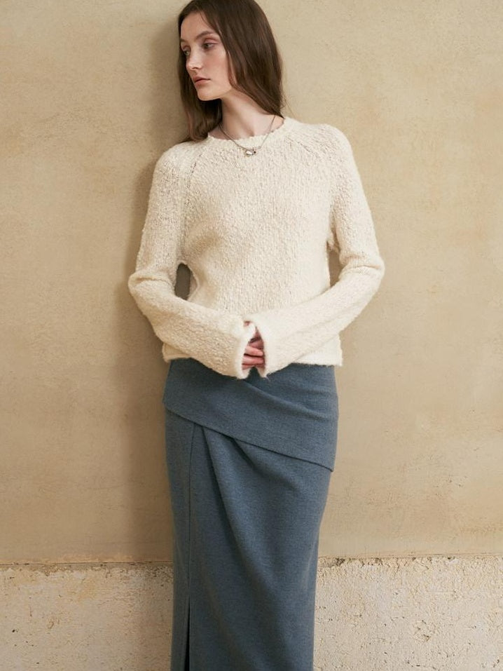 someonesometimes Soft Wool Blend Pearl White Bell Sleeve Loose Fit Office Pullover Sweater