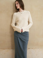 someonesometimes Soft Wool Blend Pearl White Bell Sleeve Loose Fit Office Pullover Sweater
